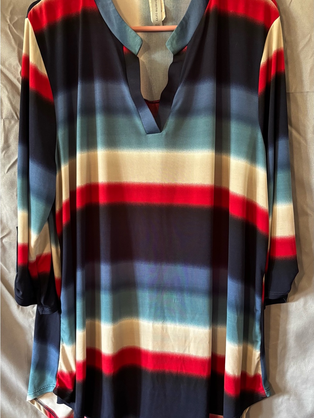 Honeyme Curvy Striped V-Neck Tunic in Red, Navy & Cream